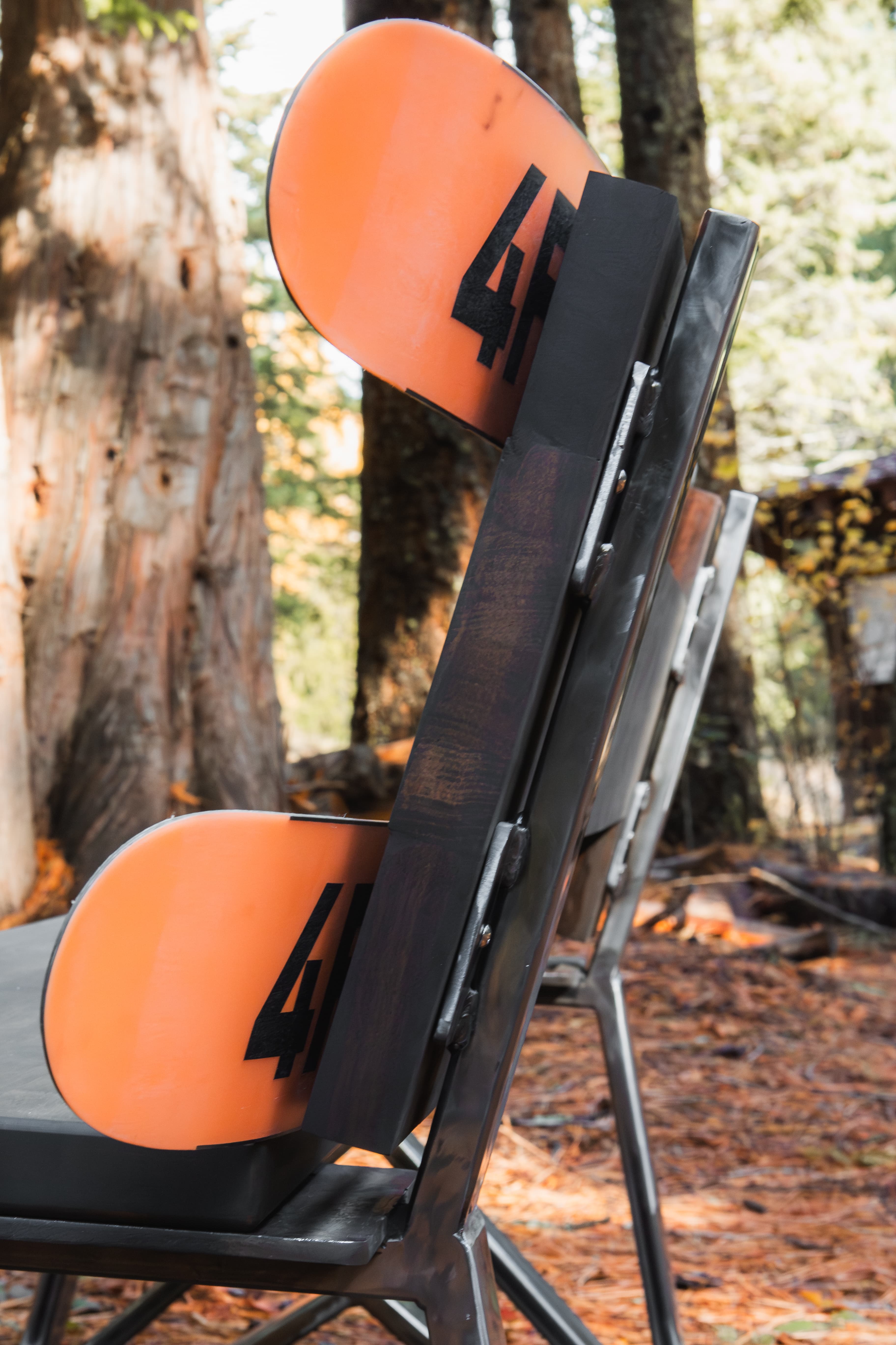 Wooden bench in the forest with orange skis