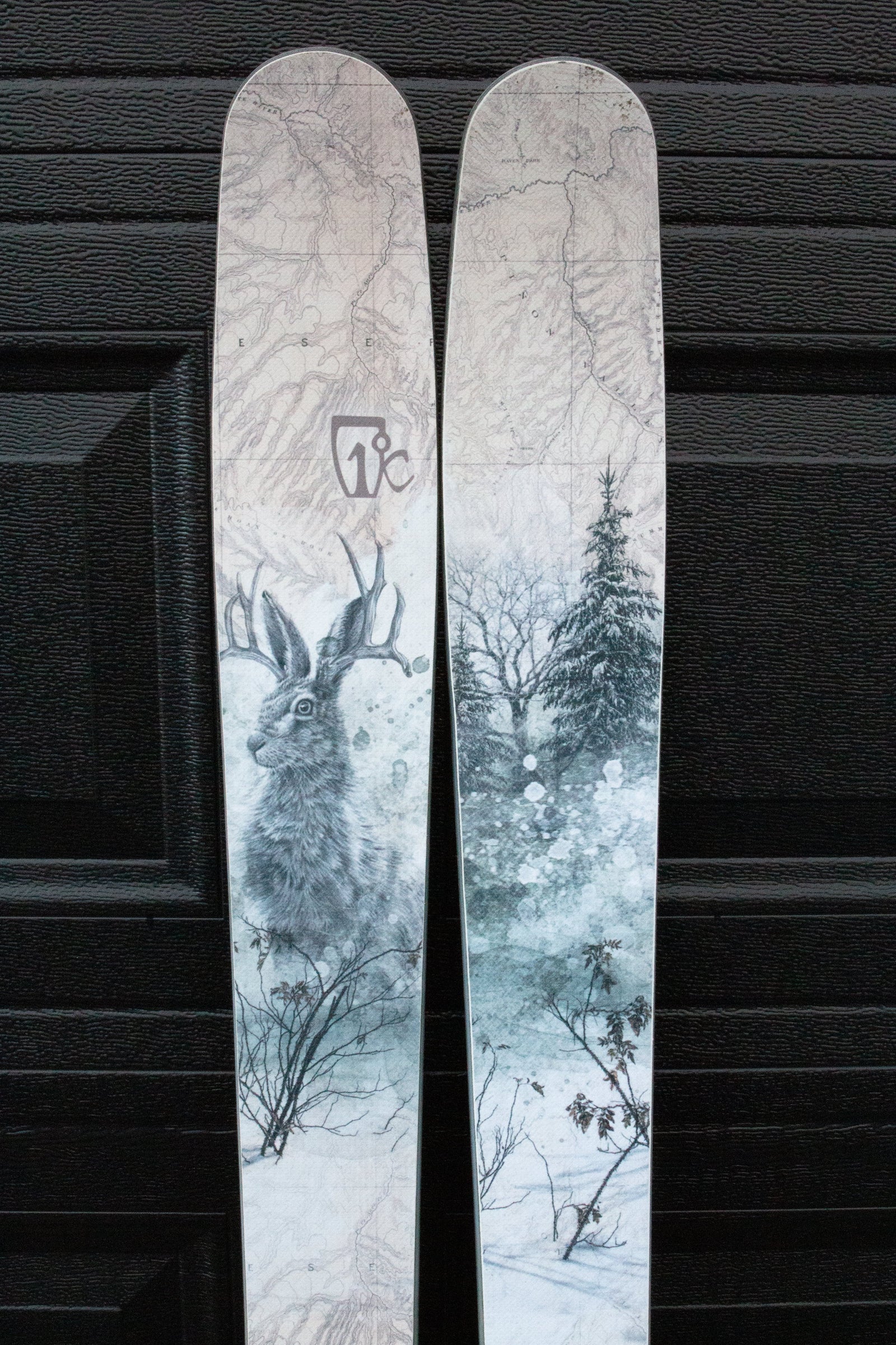 Two skis with a winter landscape design on a black background