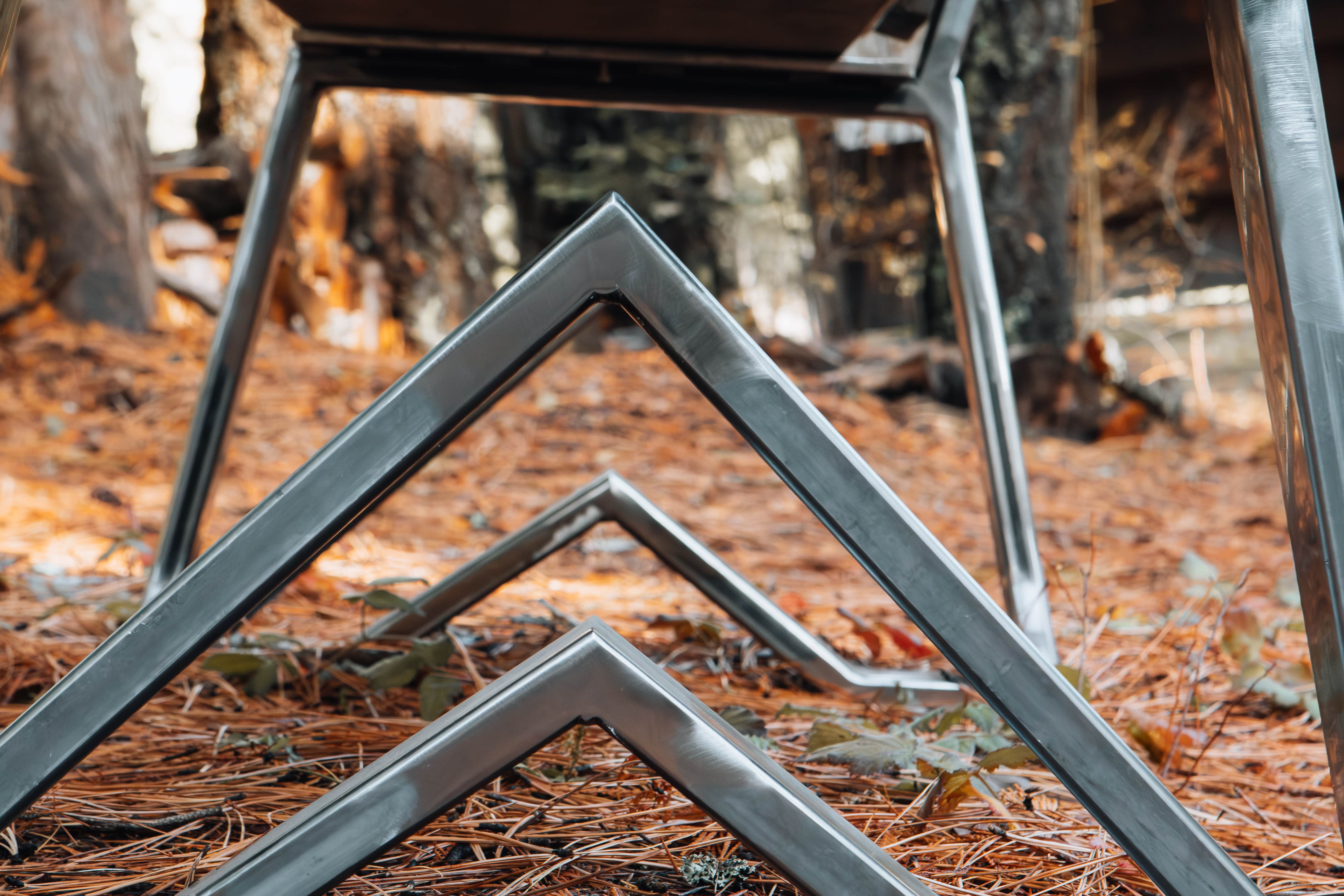 Metal frame structure on a forest floor with trees in the background